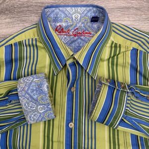 Robert Graham Shirt Mens Large Green Blue Stripe Button Down Paisley Trim Y2K